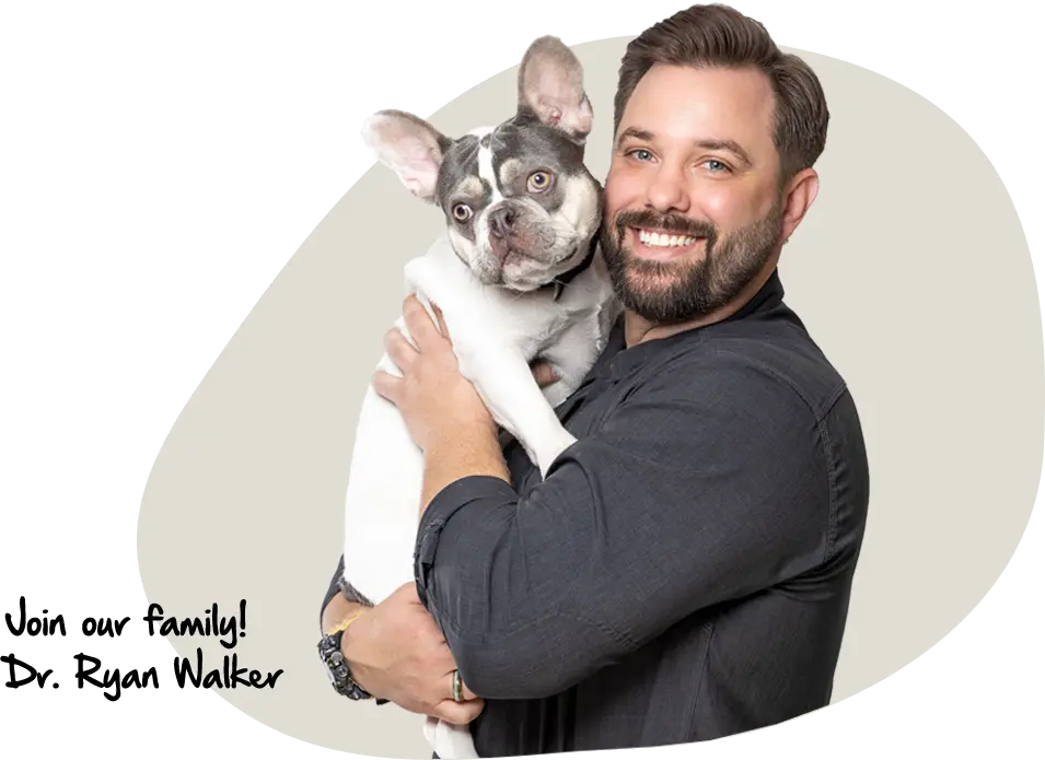 A smiling bearded man in a dark shirt holding a white and grey French bulldog. Text: ‘Join our family! Dr. Ryan Walker’. A smiling bearded man in a dark shirt holding a white and grey French bulldog. Text: 'Join our family! Dr. Ryan Walker'.